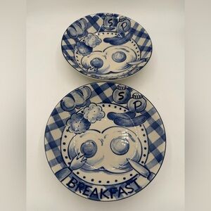 Set of 2 Vintage Salt & Pepper Handcrafted One Breakfast Cereal Bowl #6147 Blue